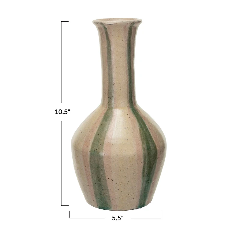Hello Honey® 10.5" Green & Cream Hand-Painted Crackle Glaze Terra Cotta Vase with Tall Neck