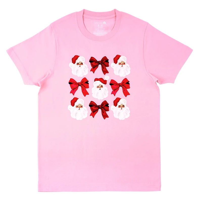 Pink Santas & Bows Adult Crew Neck T-Shirt by Celebrate It