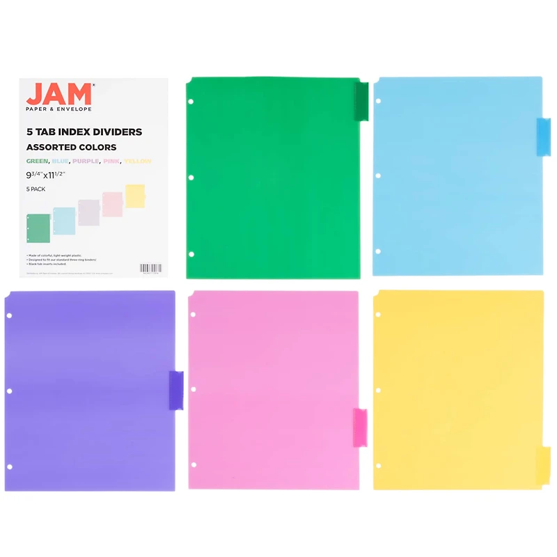 JAM Paper 9.75" x 11.5" 5-Tab Plastic Index Tab Dividers with Double Pockets, 2 Pack