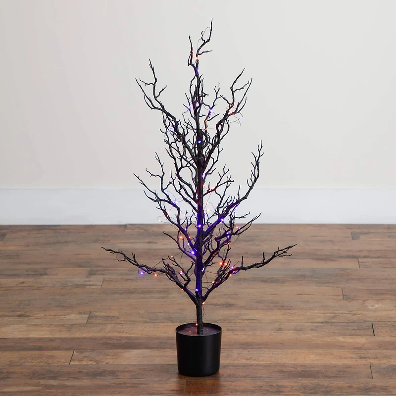 3ft. Pre-Lit Artificial Halloween Black Spooky Twig Tree with 100 Orange & Purple Copper Wire String LED Lights