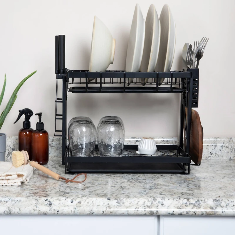 Household Essentials 12" Black Metal 2-Tier Countertop Caddy with Cutouts