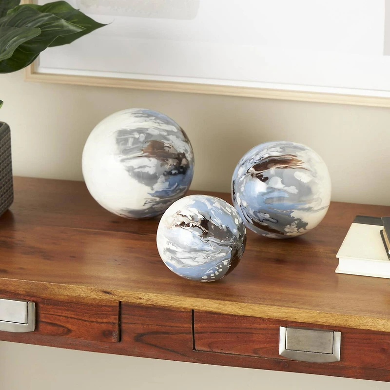 Blue, Brown & Cream Metal Abstract Swirl Orbs & Vase Filler Set