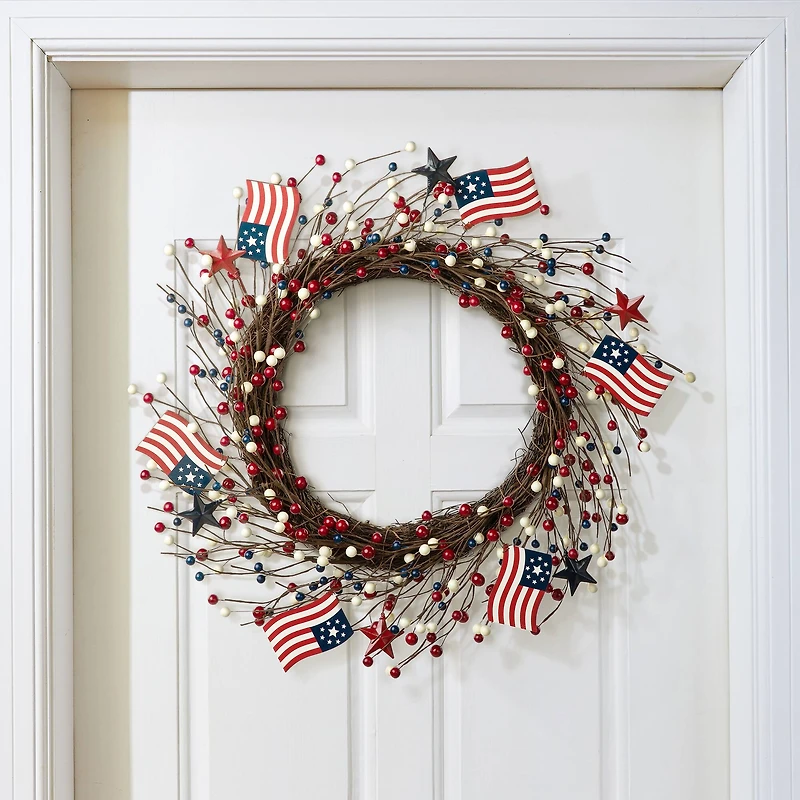 Glitzhome® 22" Americana Flag & Berry Wreath