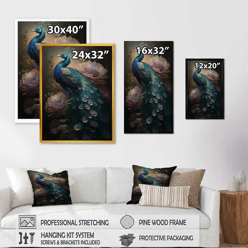 Designart 'Peacock With Flowers' Animals Framed Canvas Wall Art