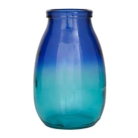 Blue Recycled Glass Handmade Spanish Vase with Ombre Effect 7" x 7" x 11"