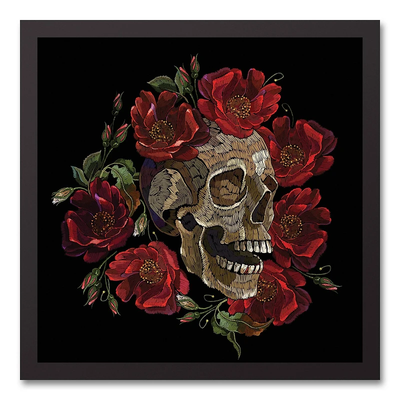 Skull with Floral Crown Black Framed Canvas Wall Art