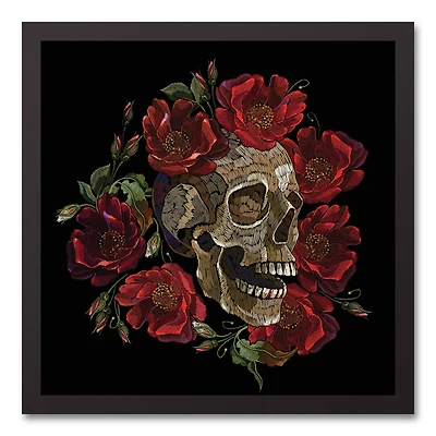 Skull with Floral Crown Black Framed Canvas Wall Art