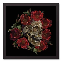Skull with Floral Crown Black Framed Canvas Wall Art