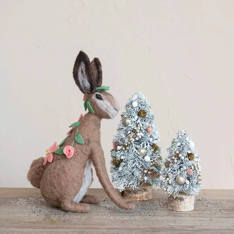 Hello Honey® 12.25" Frosted Ornaments, Pinecones & Glitter Christmas Tree with Wood Slice Base