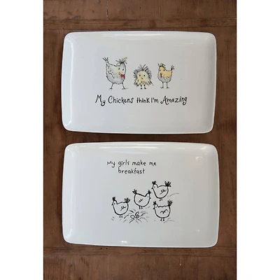 Hello Honey® 12.5" Chicken Themed Rectangle White Stoneware Platters, 2ct.