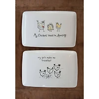 Hello Honey® 12.5" Chicken Themed Rectangle White Stoneware Platters, 2ct.