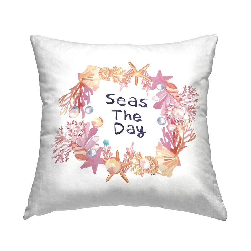 Stupell Industries Seas The Day Seashell Ocean Botanical Wreath Throw Pillow, 18" x 18"