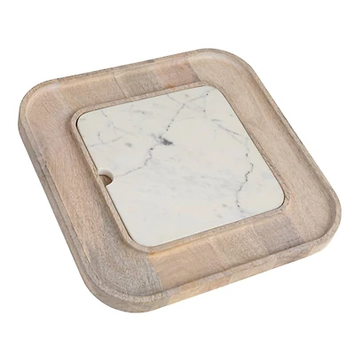 Hello Honey® 13.5" White Marble & Wood Cutting Board on a Dish