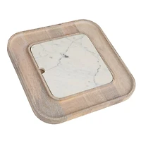 Hello Honey® 13.5" White Marble & Wood Cutting Board on a Dish