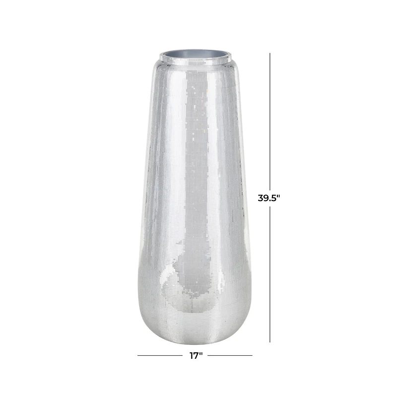 40" Silver Fiberglass Mosaic Floor Vase with Blue Interior,