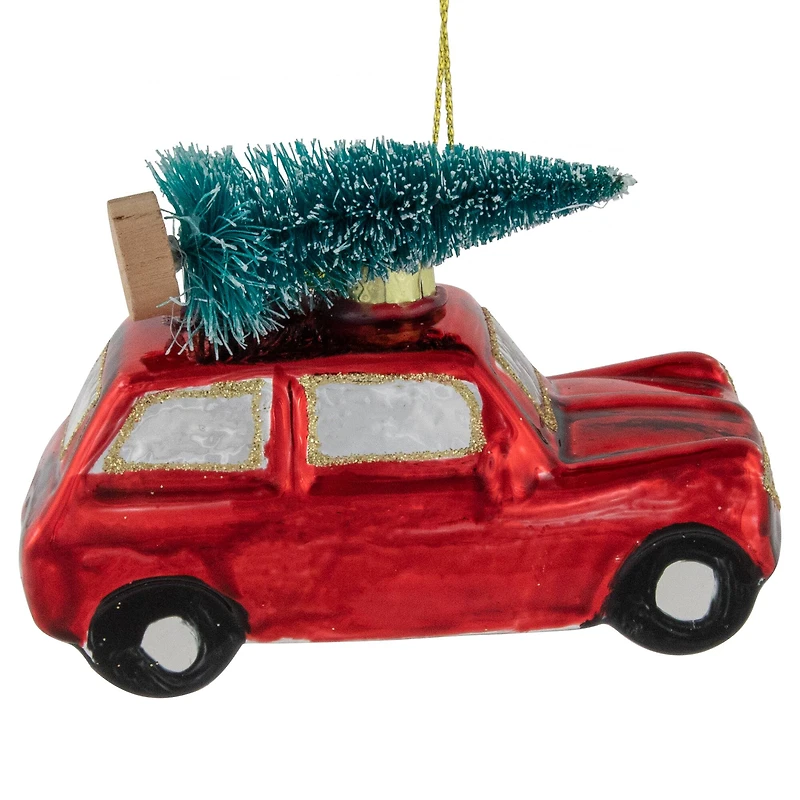 Station Wagon with Tree Glass Christmas Ornament - 3.5" - Red