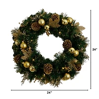 24in. Pre-Lit Artificial Golden Frosted Christmas Wreath with 50 Warm White LED Lights Pinecones, Berries and Ornaments