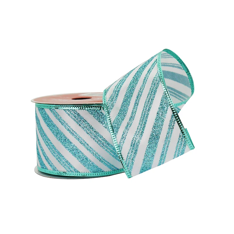 2.5" x 20ft. Turquoise Glitter Diagonal Stripes Wired Taffeta Ribbon by Celebrate It®