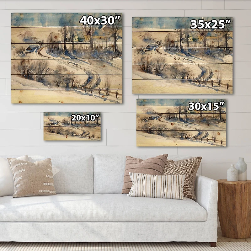 Designart - Country Road In Winter Times I - Traditional Print on Natural Pine Wood