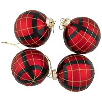 4ct. 3" Red, Black & Gold Plaid Glass Ball Ornaments