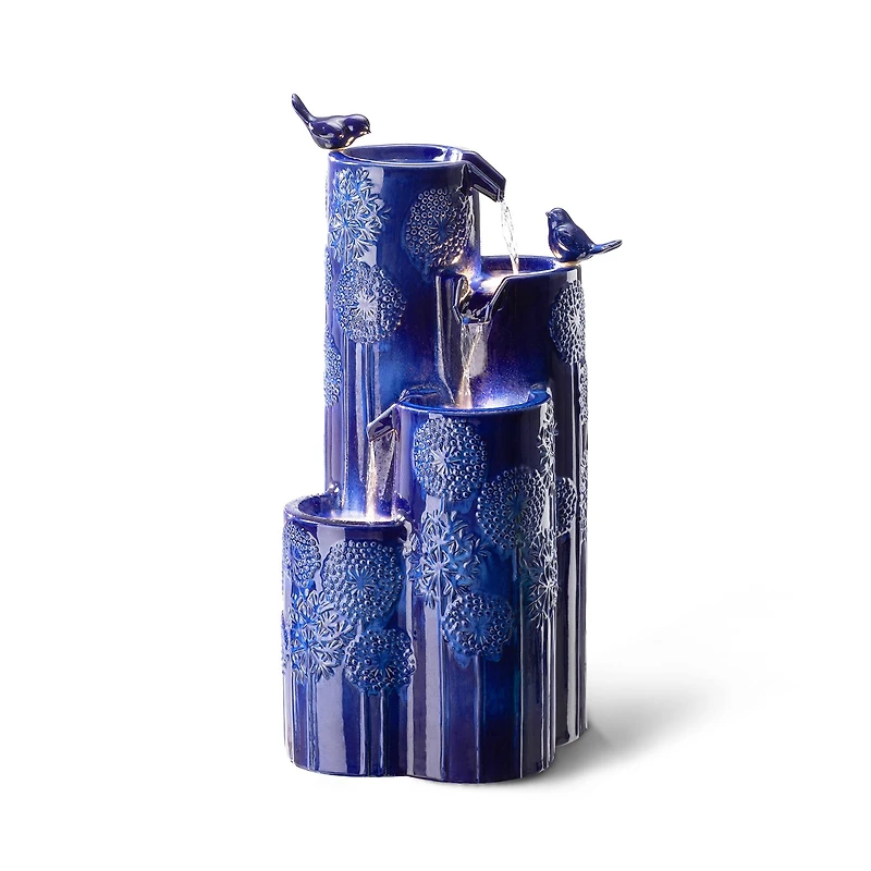 Glitzhome® 31.75" Cobalt Blue 4-Tier Dandelion Texture Vase-Shaped Ceramic Outdoor Fountain with LED Light
