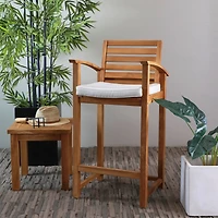 43" Brown Teak Wood Indoor/Outdoor Bar Stool with Cushion