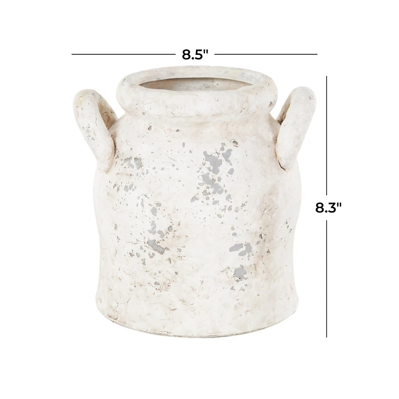 8.25" Cream Ceramic Antique Style Distressed Decorative Vase with Handles