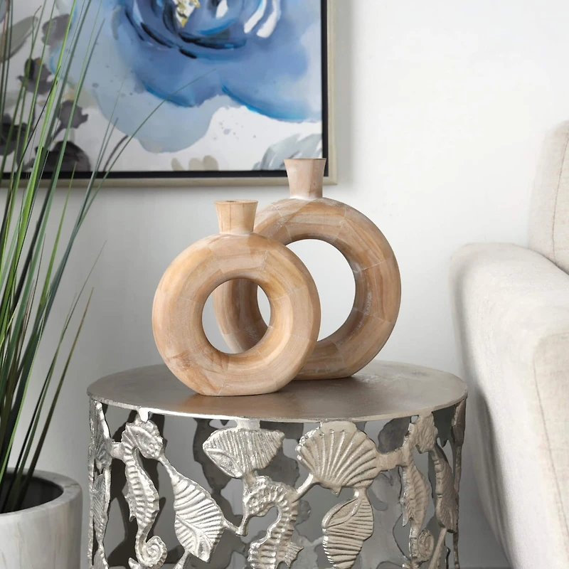 Natural Wood Circular Vase with Cutout Center Set