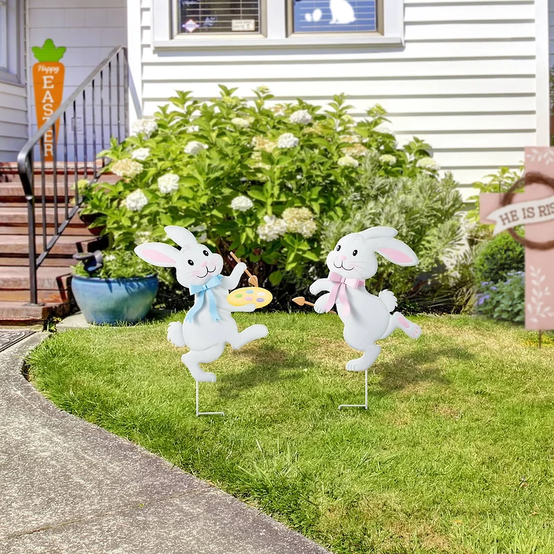 Glitzhome® Set of 2 Easter Metal Bunny Painter Yard Stake