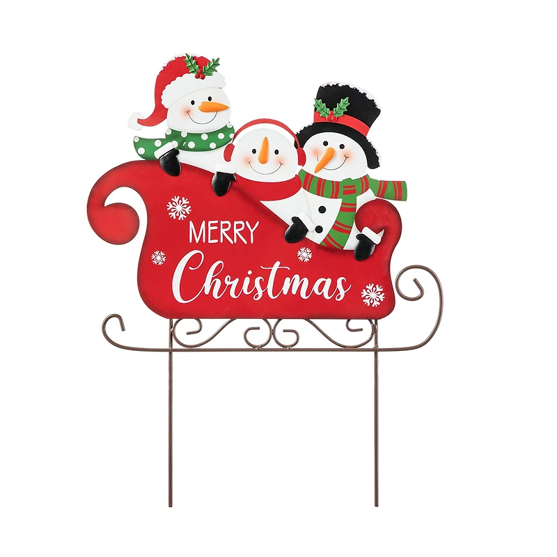 Glitzhome® 24" Metal Snowmen Riding Sleigh Yard Stake
