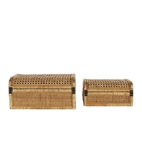 Brown Rattan Handmade Woven Storage Box with Curved Tops & Wrapped Edges, 2ct.