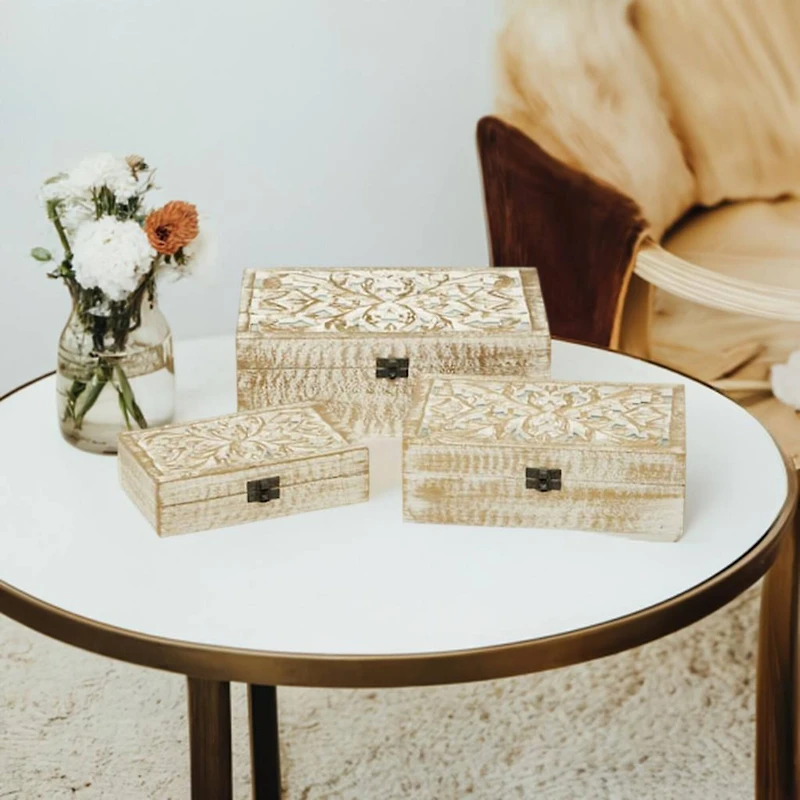 Distressed White Wooden Filigree Decorative Box Set