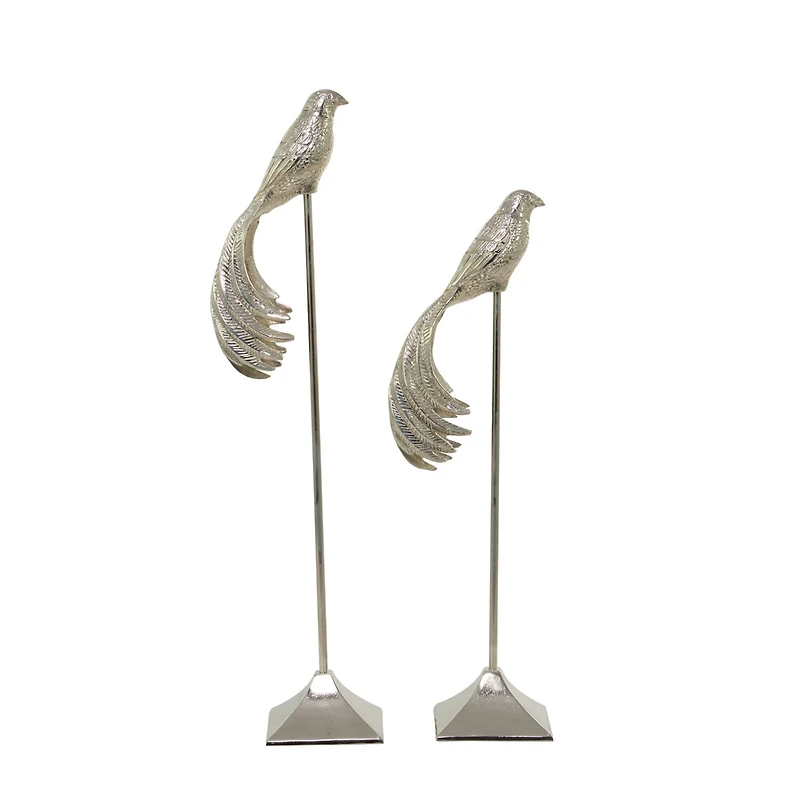 Silver Aluminum Eclectic Birds Sculpture, Set of 2" 32", 27"
