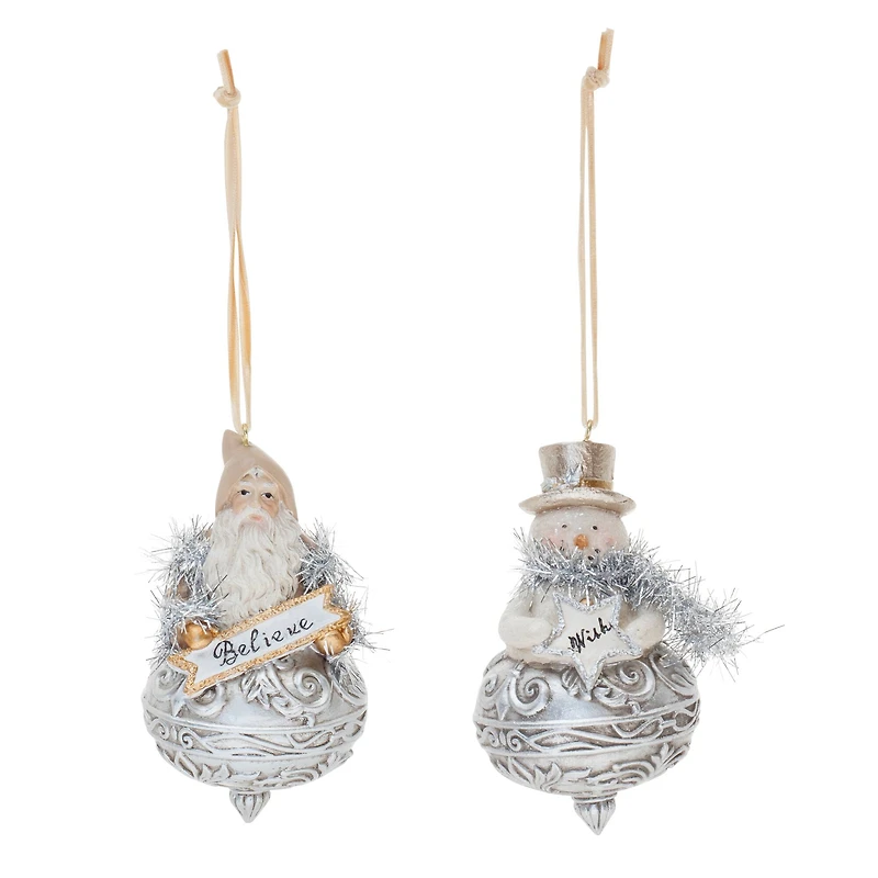 Ornate Santa & Snowman Finial Ornament Set