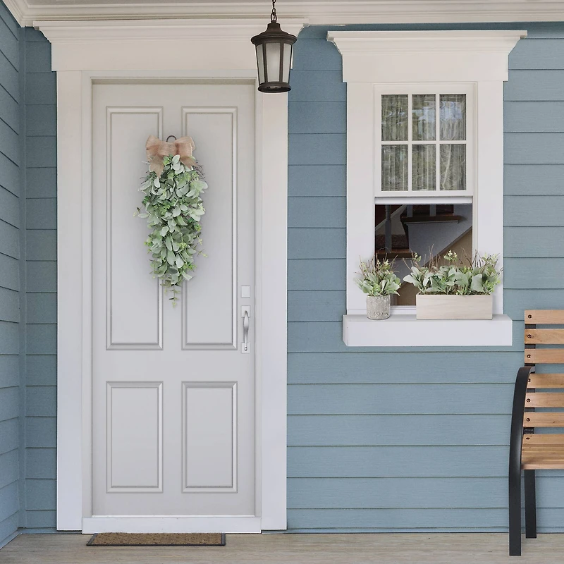 30" Lamb's Ear & Greenery Teardrop Swag with Bow