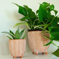 Flora Bunda 6" & 4" Orange Chevron Ceramic Footed Pot Set