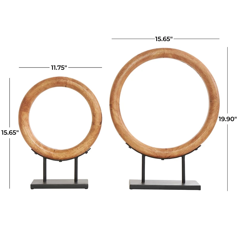 Brown Wood Geometric Circular Ring Sculpture Set