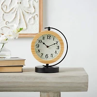 11" Light Brown Wood Clock with Curved Black Metal Stand & Base