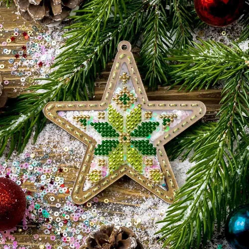 Wonderland Crafts Green & Gold Star Christmas Ornament Bead Embroidery Kit