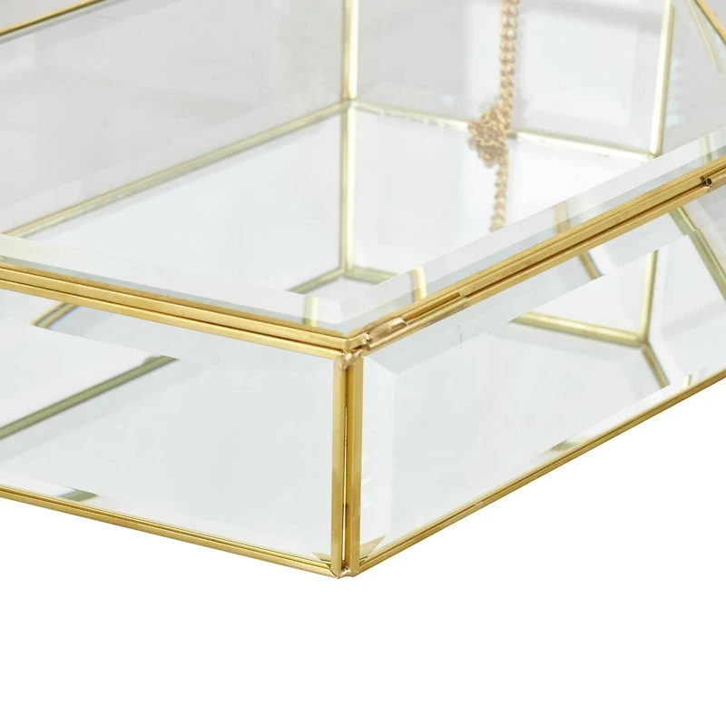 Clear & Gold Beveled Glass & Metal Wide Hexagon Jewelry Box with Chain Accent Set