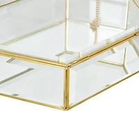Clear & Gold Beveled Glass & Metal Wide Hexagon Jewelry Box with Chain Accent Set