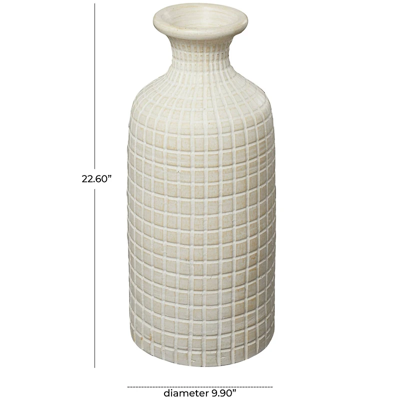Cream Ceramic Textured Geometric Vase with Checkered Pattern
