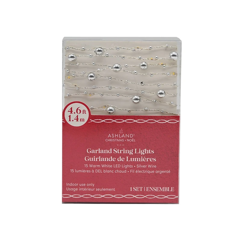 15ct. Warm White LED Metallic Silver Bead Garland String Lights on Silver Wire by Ashland®