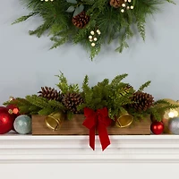 27" Christmas Bells Cypress & Pinecone Centerpiece in Wood Planter