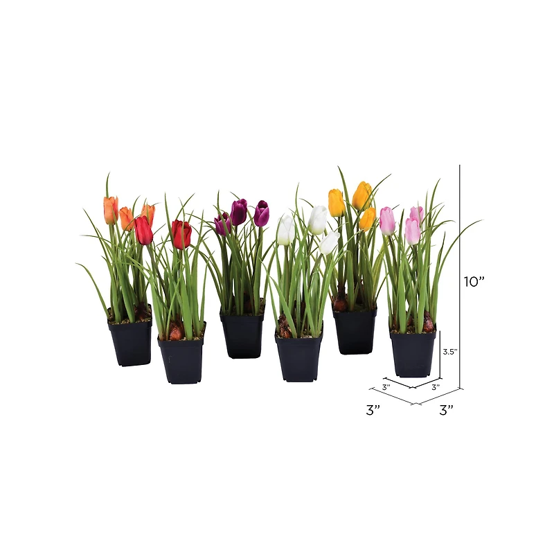 10" Artificial Tulips in Black Plastic Planters Pots, 6ct.