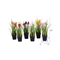 10" Artificial Tulips in Black Plastic Planters Pots, 6ct.