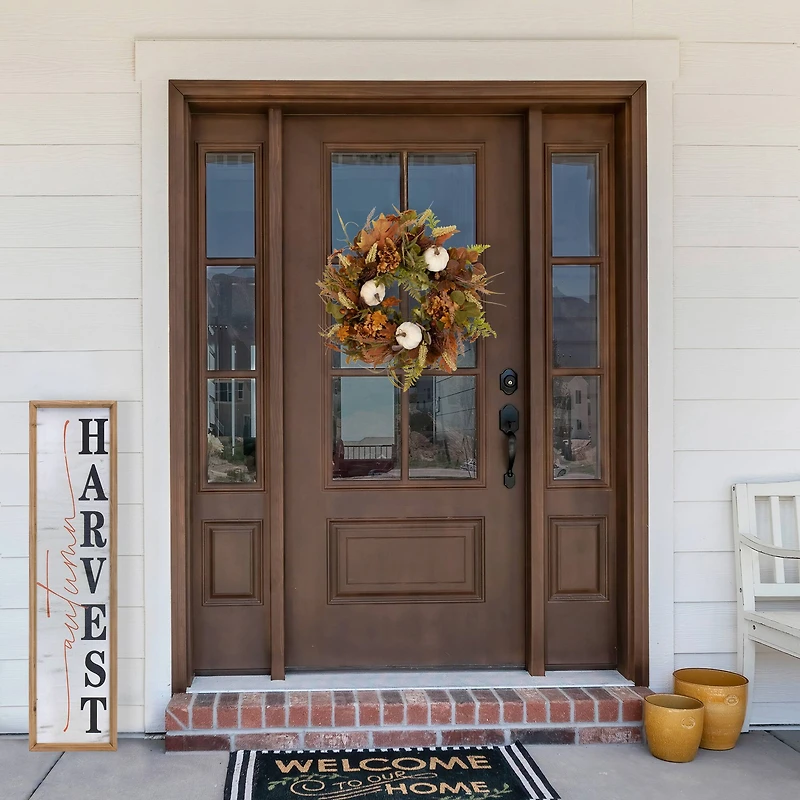 26" White Pumpkins & Leaves Fall Harvest Wreath