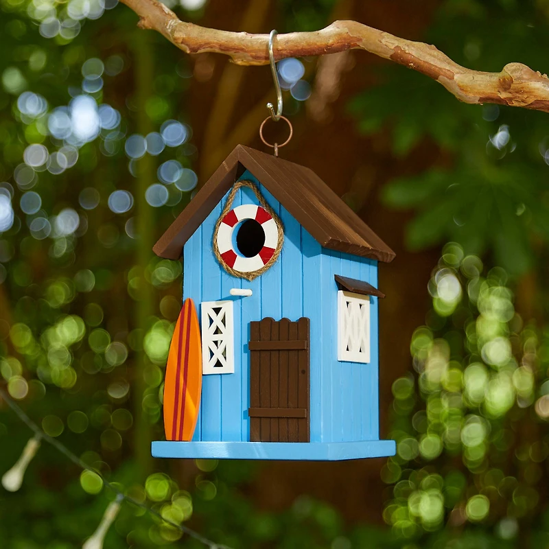 Glitzhome® 10" Modern Blue Wood Beach Hut Birdhouse