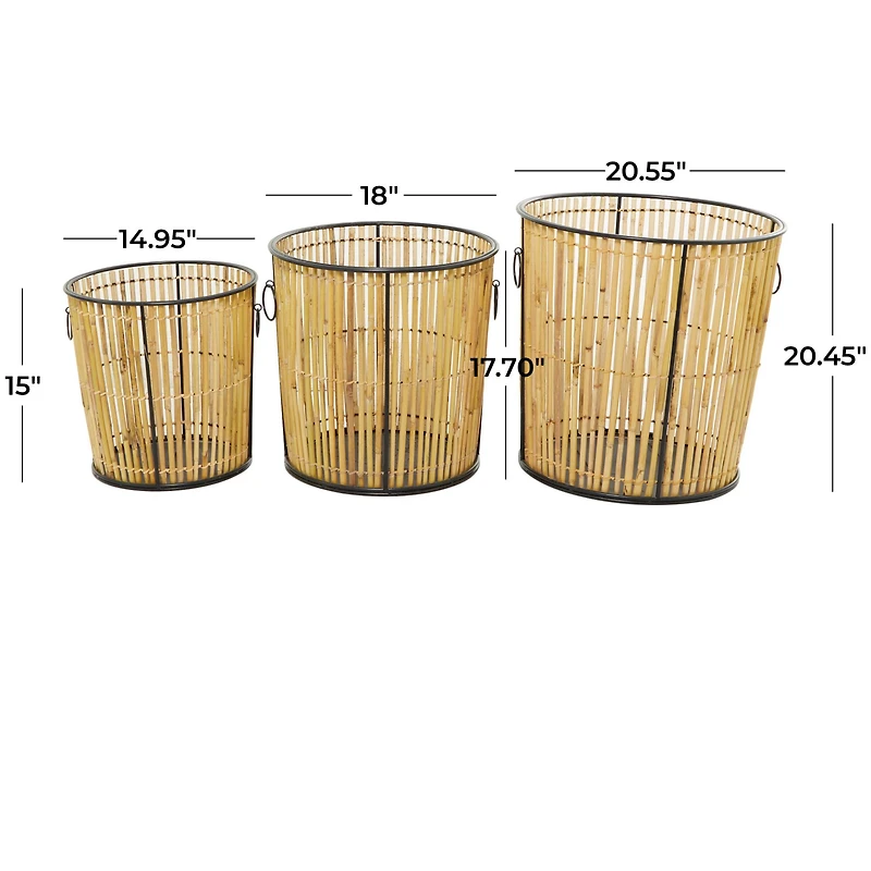 Light Brown Rattan Handmade Slatted Frame Storage Basket with Ring Handles Set of 3 20", 18", 15"