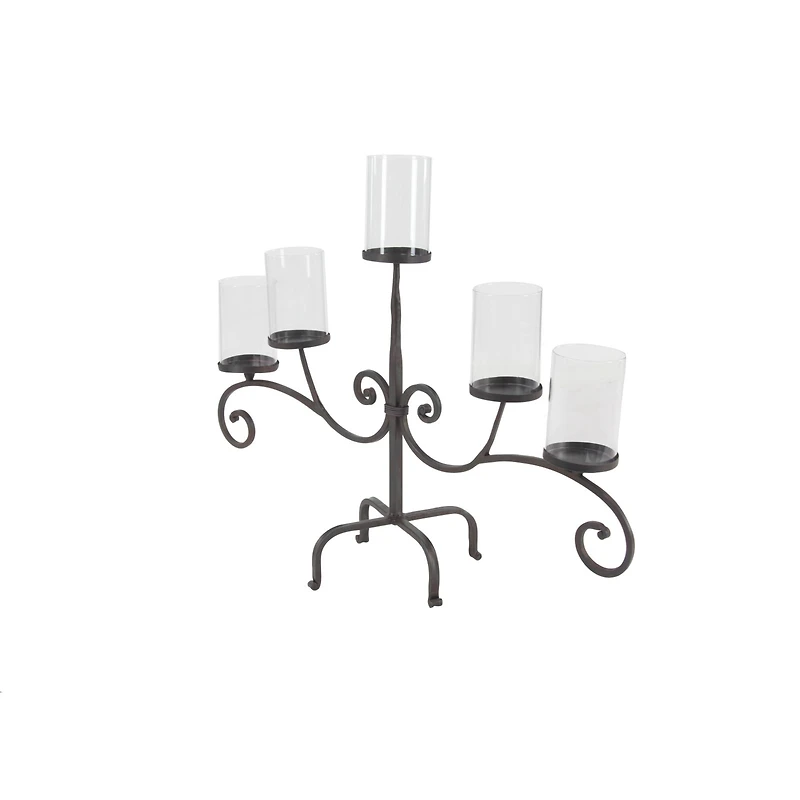Traditional Black Metal and Glass 5-Light Candelabra, 21" x 36" x 13"